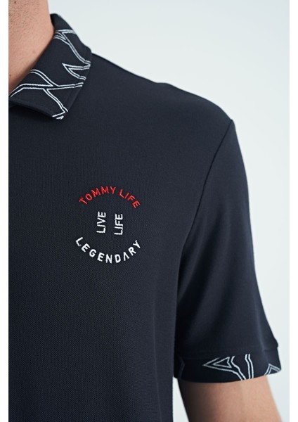 Lacivert Yazı Nakışlı Baskı Detaylı Standart Kalıp Polo Yaka Erkek T-Shirt - 88239 fırsatları