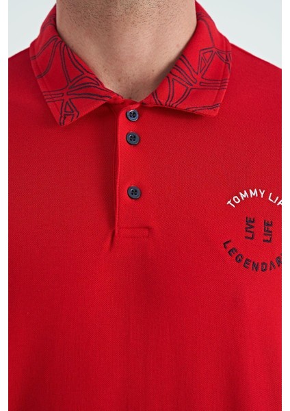 Tommy Life Kırmızı Yazı Nakışlı Baskı Detaylı Standart Kalıp Polo Yaka Erkek T-Shirt - 88239