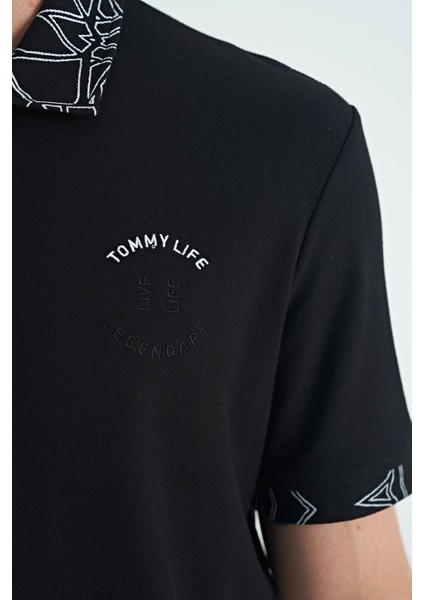 Tommy Life Siyah Yazı Nakışlı Baskı Detaylı Standart Kalıp Polo Yaka Erkek T-Shirt - 88239