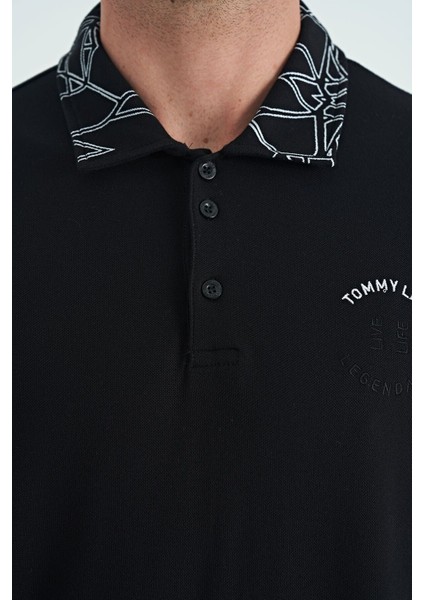 Tommy Life Siyah Yazı Nakışlı Baskı Detaylı Standart Kalıp Polo Yaka Erkek T-Shirt - 88239