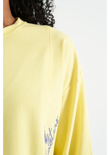 Limon Nakış Detaylı Balon Kol Crop Basic Kadın Sweatshirt - 02118