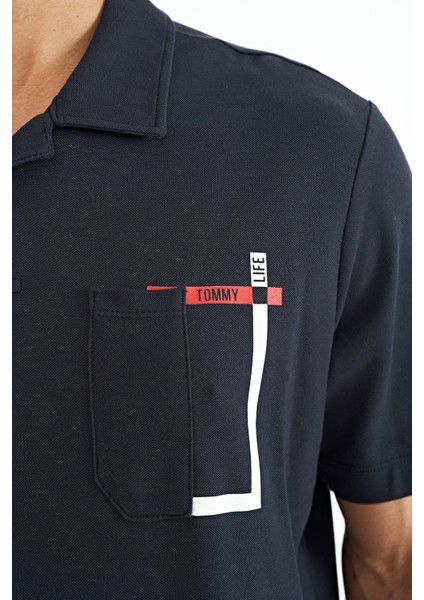 Tommy Life Lacivert Cep Detaylı Baskılı Standart Kalıp Polo Yaka Erkek T-Shirt - 88241