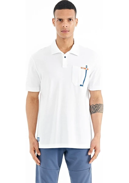 Tommy Life Beyaz Cep Detaylı Baskılı Standart Kalıp Polo Yaka Erkek T-Shirt - 88241