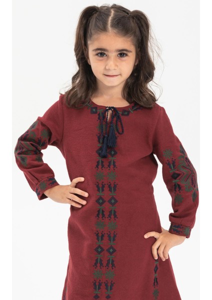 Uzun Kol Mahur Çocuk Pazen Sonbahar ve Kışlık Elbise Bordo Brd