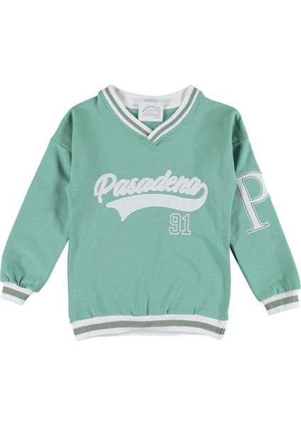 Kız Çocuk Kolej Tarz Pasedan Yazı Desenli V Yaka Yeşil Renk Sweatshirt