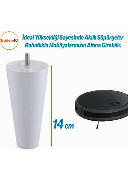 Vidalı Aparat Dahil Düz 14 Cm (BEYAZ) Plastik Mobilya Yükseltici Yükseltme Koltuk Kanepe Ayağı Baza Ayakları