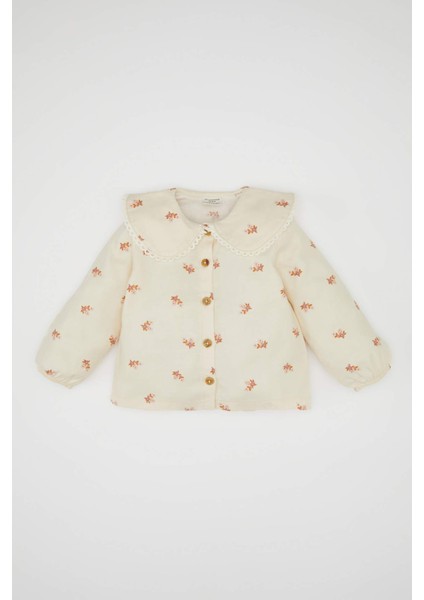 Kız Bebek Büyük Yaka Çiçek Desenli Düğmeli Twill Uzun Kollu Gömlek D5585A524WN