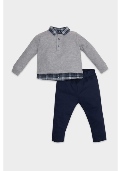 Erkek Bebek 2'li Takım Gömlek Yaka Selanik Kumaş Sweatshirt Beli Lastikli Pantolon D5346A524WN