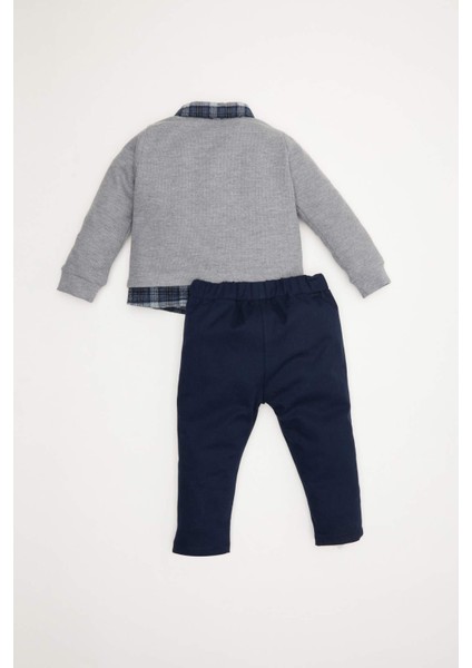 Erkek Bebek 2'li Takım Gömlek Yaka Selanik Kumaş Sweatshirt Beli Lastikli Pantolon D5346A524WN
