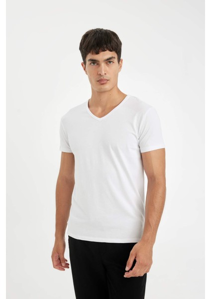 Slim Fit V Yaka Basic Düz Beyaz Fanila Üst L4884AZ24WN