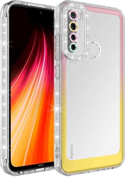 - Xiaomi Redmi Note 8 - Kılıf Simli ve Renk Geçiş Tasarımlı Lens Korumalı Park Kapak - Pembe-Sarı