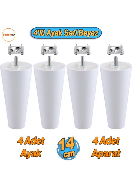 4 Adet Vidalı Düz 14 Cm (BEYAZ) Plastik Mobilya Koltuk Kanepe Baza Yükseltme Yükseltici Ayağı Ayakları Aparat Dahil