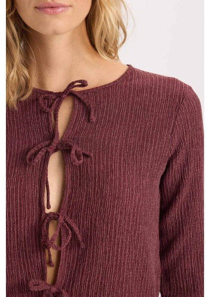 Regular Fit Bisiklet Yaka Basic Düz Bürümcük Uzun Kollu Önden Bağlamalı Hırka D6296AX24AU