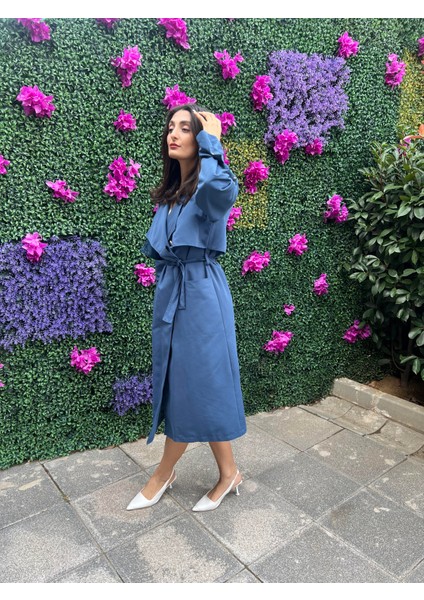 Mavi Renk Kuşaklı Trençkot Uzun Boy