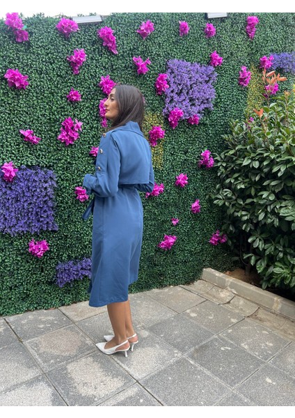 Mavi Renk Kuşaklı Trençkot Uzun Boy fırsatları