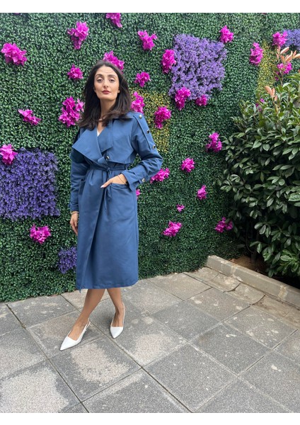 Mavi Renk Kuşaklı Trençkot Uzun Boy indirimleri