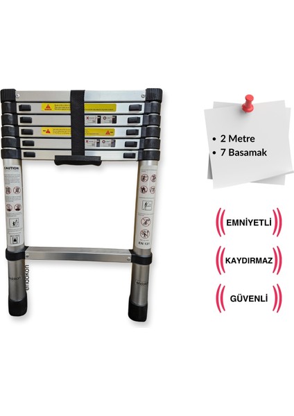 200 cm. - 7 Basamaklı Teleskobik / Teleskopik Alüminyum Merdiven