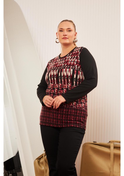 Büyük Beden Desenli Triko Bluz Bordo modelleri