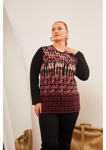 Büyük Beden Desenli Triko Bluz Bordo fırsatları