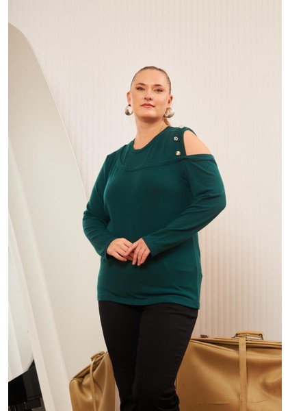 Büyük Beden Omuz Detay Örme Bluz Zümrüt