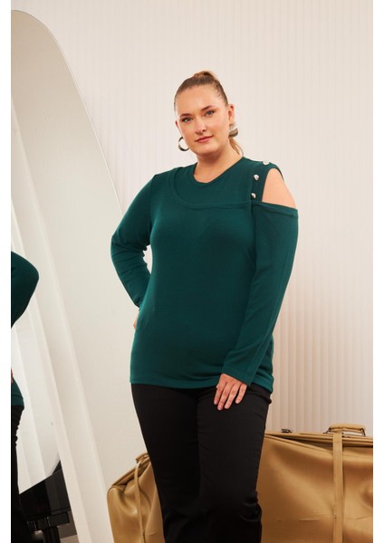 Büyük Beden Omuz Detay Örme Bluz Zümrüt modelleri