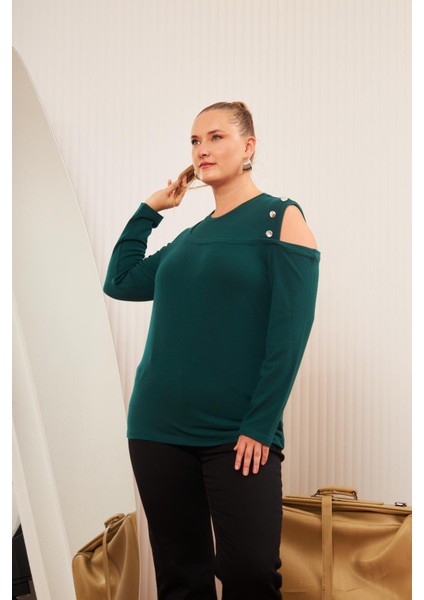 Büyük Beden Omuz Detay Örme Bluz Zümrüt fırsatları