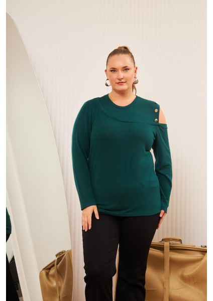 Büyük Beden Omuz Detay Örme Bluz Zümrüt indirimleri