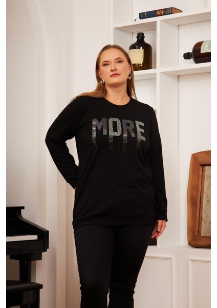 Büyük Beden Taş Baskılı Sweatshirt Siyah