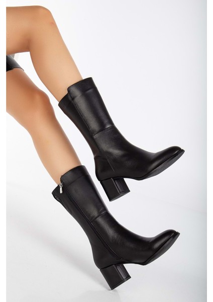 Kadın Deri Şık Topuklu Uzun Bot - Siyah