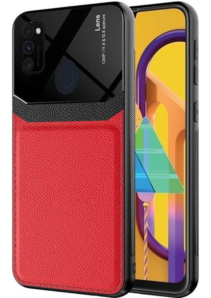 - Samsung Galaxy M30S - Kılıf Deri Görünümlü Parlak Mika Tasarımlı Emiks Kapak - Kırmızı