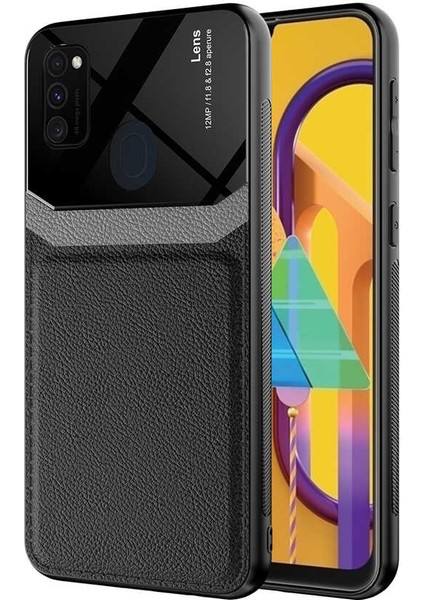 - Samsung Galaxy M30S - Kılıf Deri Görünümlü Parlak Mika Tasarımlı Emiks Kapak - Kırmızı