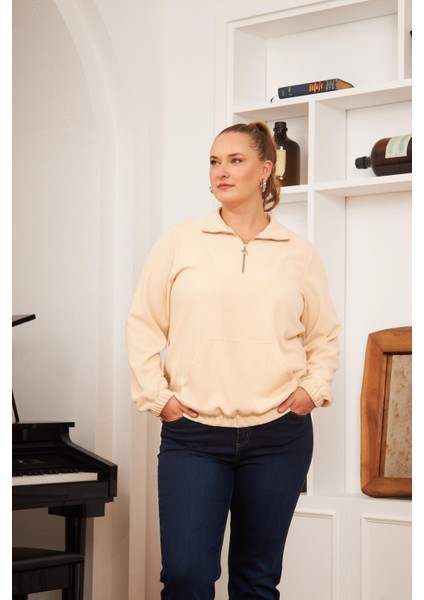 Büyük Beden Yakası Fermuarlı Sweatshirt Ekru