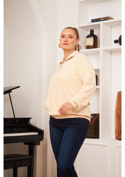 Büyük Beden Yakası Fermuarlı Sweatshirt Ekru fiyatları