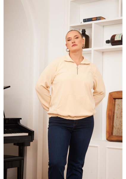 Büyük Beden Yakası Fermuarlı Sweatshirt Ekru modelleri