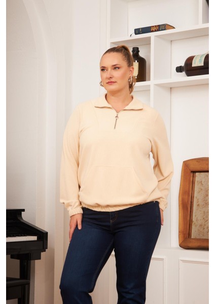 Büyük Beden Yakası Fermuarlı Sweatshirt Ekru fırsatları