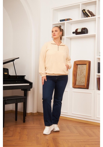 Büyük Beden Yakası Fermuarlı Sweatshirt Ekru indirimleri