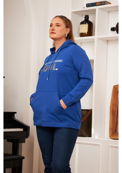 Büyük Beden Taş Baskılı Sweatshirt Koyu Petrol indirimleri