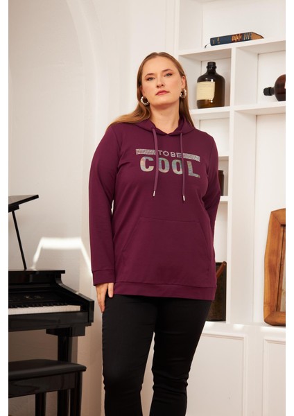 Büyük Beden Taş Baskılı Sweatshirt Koyu Mor