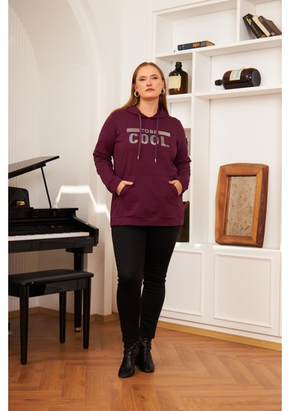 Büyük Beden Taş Baskılı Sweatshirt Koyu Mor indirimleri