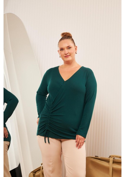 Büyük Beden V Yaka Triko Bluz Zümrüt