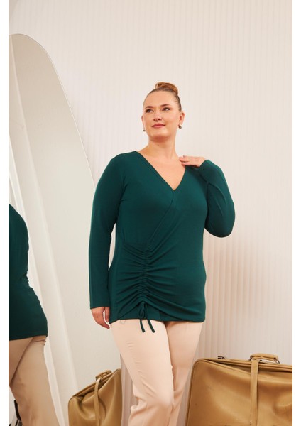 Büyük Beden V Yaka Triko Bluz Zümrüt fiyatları