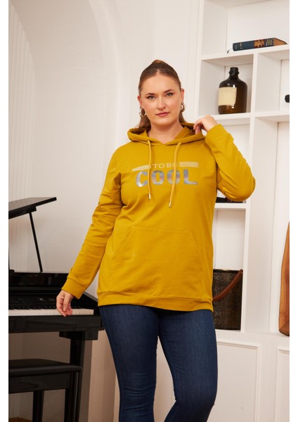 Büyük Beden Taş Baskılı Sweatshirt Koyu Oliv