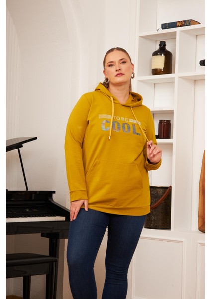 Büyük Beden Taş Baskılı Sweatshirt Koyu Oliv