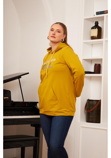 Büyük Beden Taş Baskılı Sweatshirt Koyu Oliv