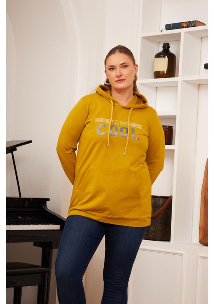 Büyük Beden Taş Baskılı Sweatshirt Koyu Oliv
