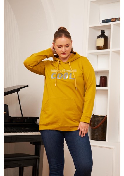 Büyük Beden Taş Baskılı Sweatshirt Koyu Oliv