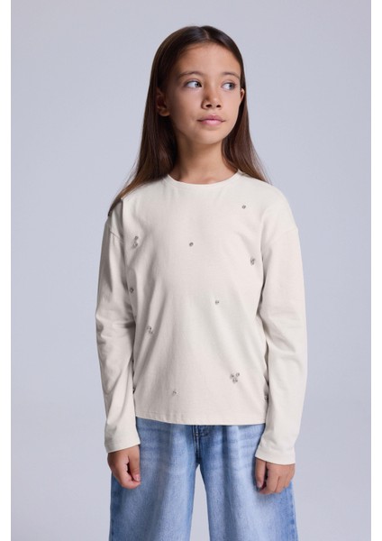 (Kids Girl) Taşlı Uzun Kol Organik Pamuk Tshirt modelleri