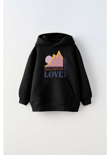 The Champ Clothing Kapüşonlu Içi Polar Love Yazı Baskılı Siyah Unisex Çocuk Hoodie Sweatshirt