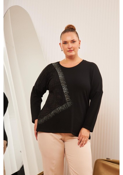 Büyük Beden Garnili Taş Detay Bluz Siyah
