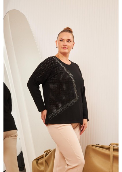 Büyük Beden Garnili Taş Detay Bluz Siyah fiyatları